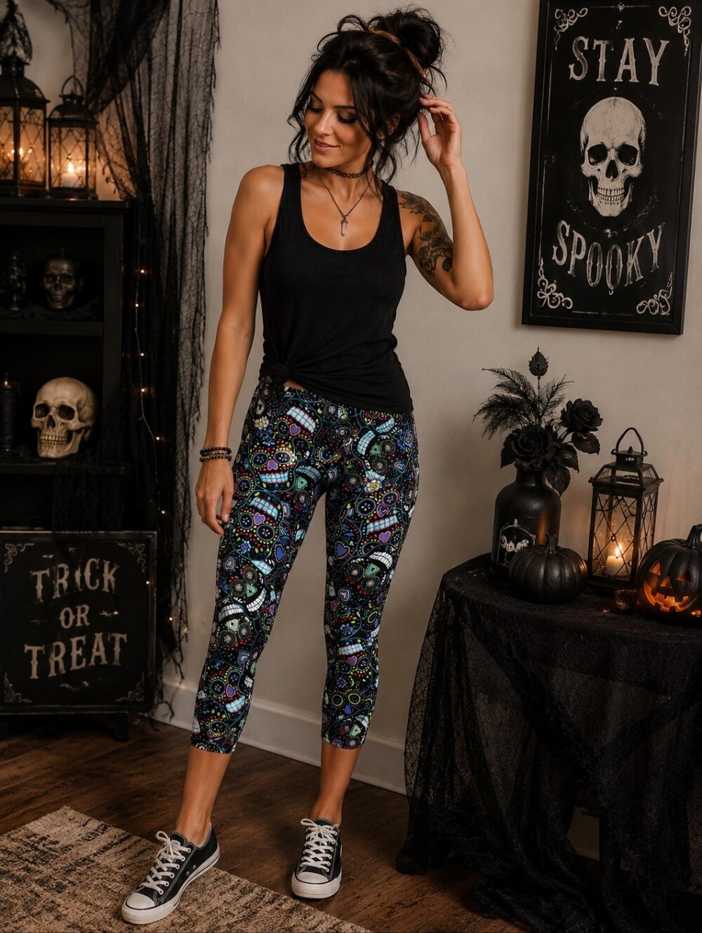 Halloween Sugar Skull Print Cropped Leggings Juniors XXL Black Spooky Fall